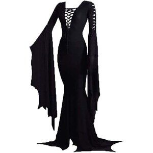 Women's Morticia Addams Floor Dress Costume Witch Vintage Dress for Halloween